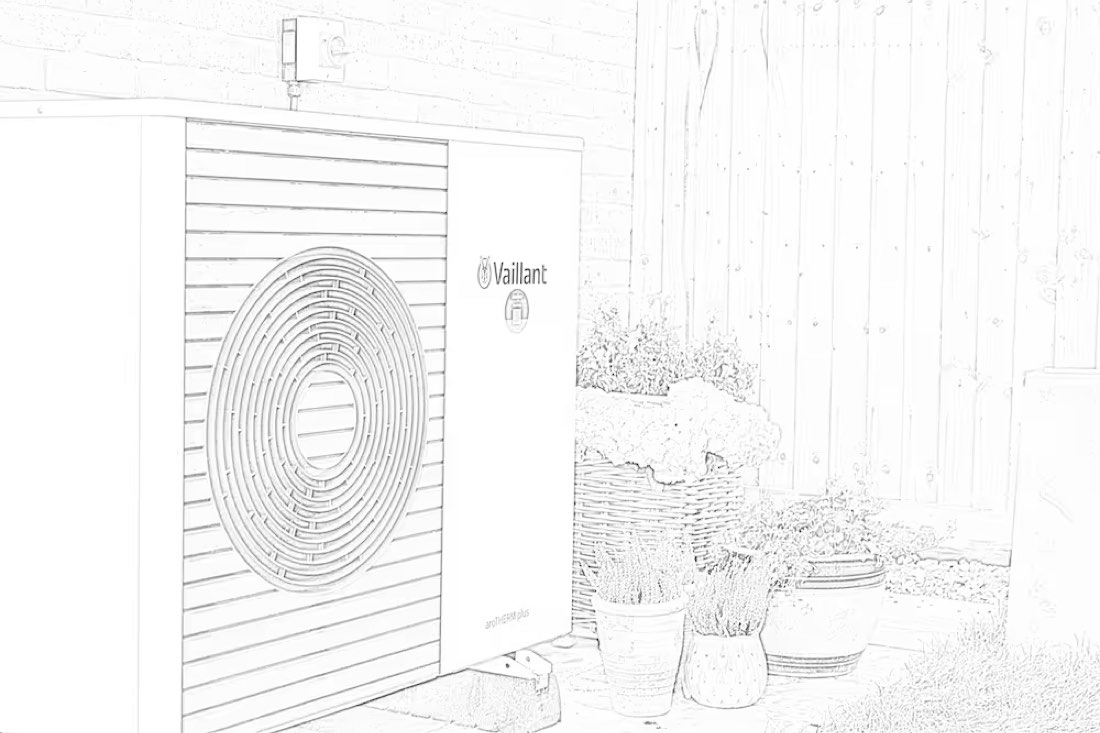 Pencil sketch of an air source heat pump beside garden pots